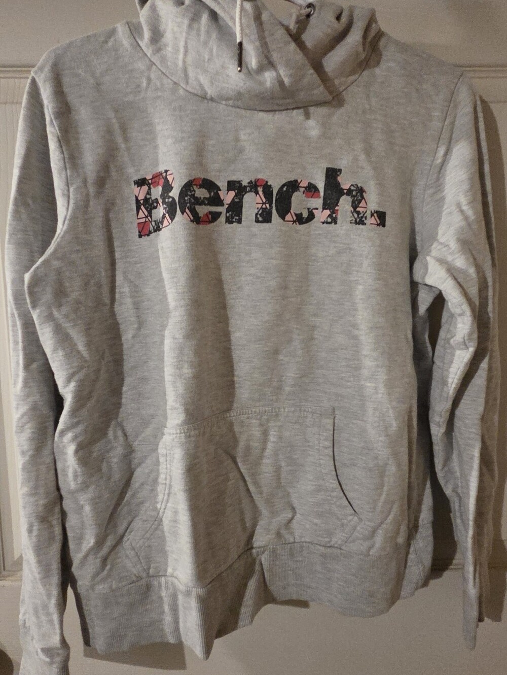 Bench. Light Gray Hoodie with Black and Pink Floral Logo